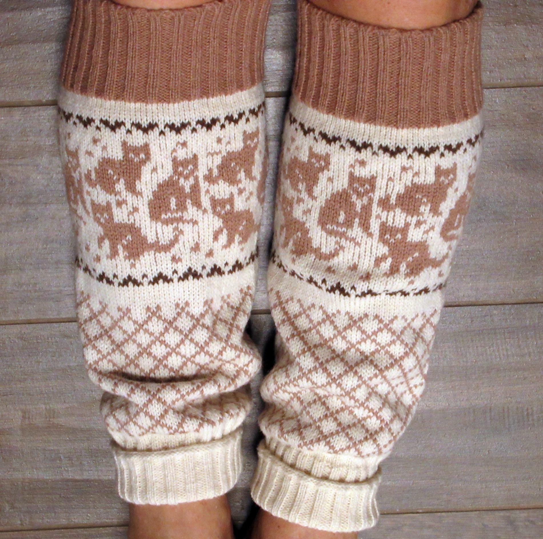 Knitted Wool Leg Warmers: Scandi Fair Isle Brown and White Cat Design.
