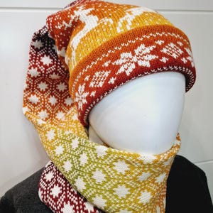 Lang gestrickte nordische Mütze, gestrickte Schalmütze, lange Zipfelmütze für Erwachsene Rentiere Nordsterne Regenbogen - 100% Wolle