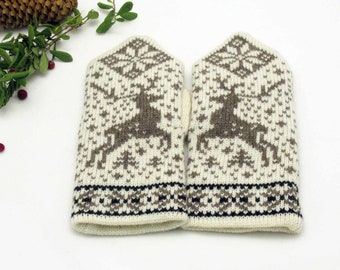 Knitted Mittens, Wool Reindeer gloves, Norwegian Knitted Fair Isle Mittens - Pure wool