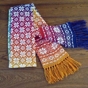 Knitted long winter warm scarf with double-sided Scandinavian pattern rainbow - pure wool image 6