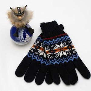 Knitted Gloves, Wool Gloves, North Stars, Norwegian Knitted Gloves Fair Isle - Pure Wool Blue