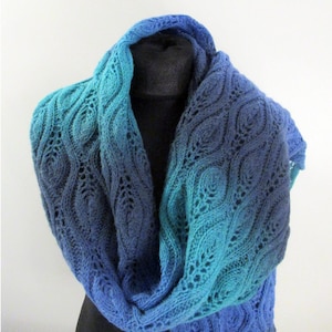 Lace  100%  Pure Wool Scarf, Soft and lightweight shawl   / scarf with  floral pattern Aqua