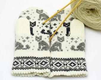 Gestrickte Handschuhe, Wolle Katzen Handschuhe, Norweger gestrickte Fair Isle Handschuhe - Reine Wolle