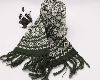 Knitted Long Warm Winter Scarf, Handmade with Double-sided Scandinavian Pattern - Pure Wool