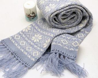 Knitted Scandinavian Wool Scarf Long Blue & White Nordic Pattern Winter Wrap
