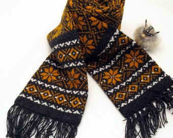 Knitted Long Warm Winter Scarf, Handmade with Double-sided Scandinavian Pattern - Pure Wool