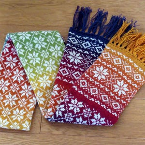 Knitted long winter warm scarf with double-sided Scandinavian pattern rainbow - pure wool image 7