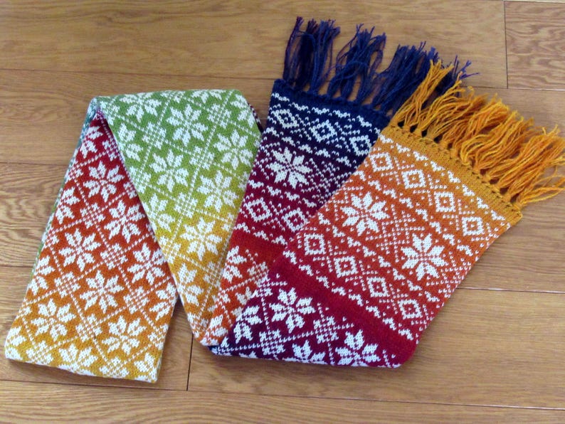 Knitted long winter warm scarf with double-sided Scandinavian pattern rainbow - pure wool image 7