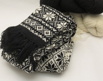 Knitted Long Warm Winter Scarf, Handmade with Double-sided Scandinavian Pattern - Pure Wool