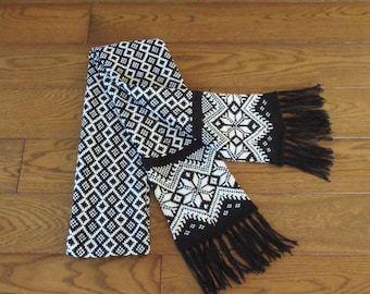Knitted Wool Scarf: Long Black & White Scandinavian Pattern