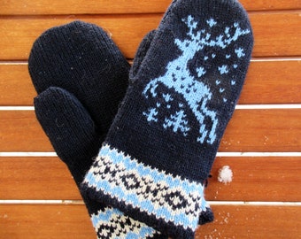 Strickhandschuhe, Wollhandschuhe, Norwegerstrick Fair Isle Fäustlinge - Reine Wolle