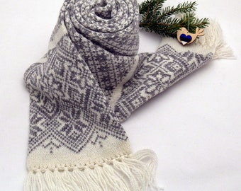 Вязаный длинный теплый зимний шарф ручной работы с двусторонним скандинавским узором - чистая шерсть