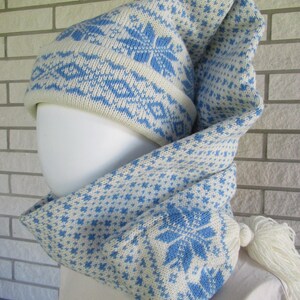 One Tailed Long Hat Scarf: Reindeer Knitted Stocking Cap Red and White.