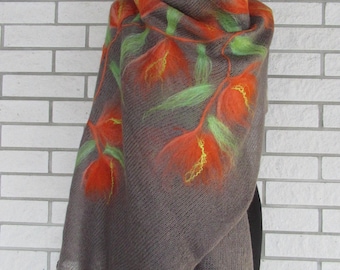 Scialle in mohair: fiori infeltriti a mano in lana merino, marrone e arancione