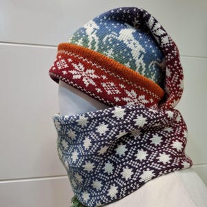Colorful Knit Hat Long Tail Cap, Rainbow Reindeer Pattern