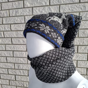 Lang gestrickte Nordische Mütze, gestrickte Schalmütze, lange Wollmütze für Erwachsene - 100% Wolle