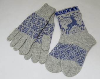 Wool Knitted Socks: Gray and Blue Deer Nordic Design