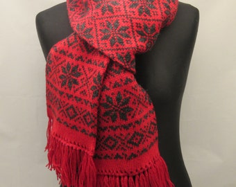 Knitted Long Warm Winter Scarf, Handmade with Double-sided Scandinavian Pattern - Pure Wool