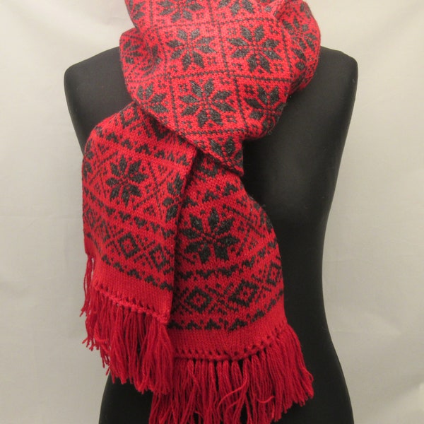 Knitted Long Warm Winter Scarf, Handmade with Double-sided Scandinavian Pattern - Pure Wool