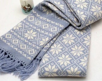 Knitted Long Warm Winter Scarf, Handmade with Double-sided Scandinavian Pattern - Pure Wool