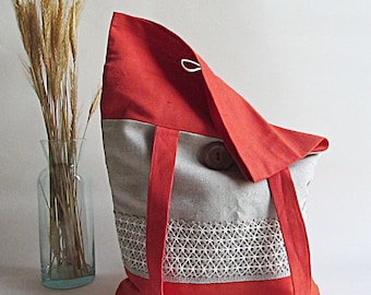 Convertible Linen Tote Bag, 3-in-1 Market Shopper, Project Bag, Linen Market Bag, Linen Grocery Bag with Linen Lace