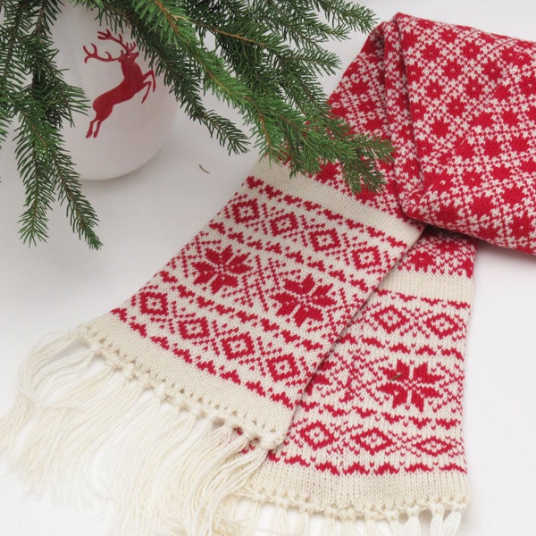 Knitted Long Warm Winter Scarf, Handmade with Double-sided Scandinavian Pattern - Pure Wool