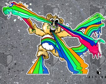 Rainbow Bear Vinyl Sticker: Funny Retro Art