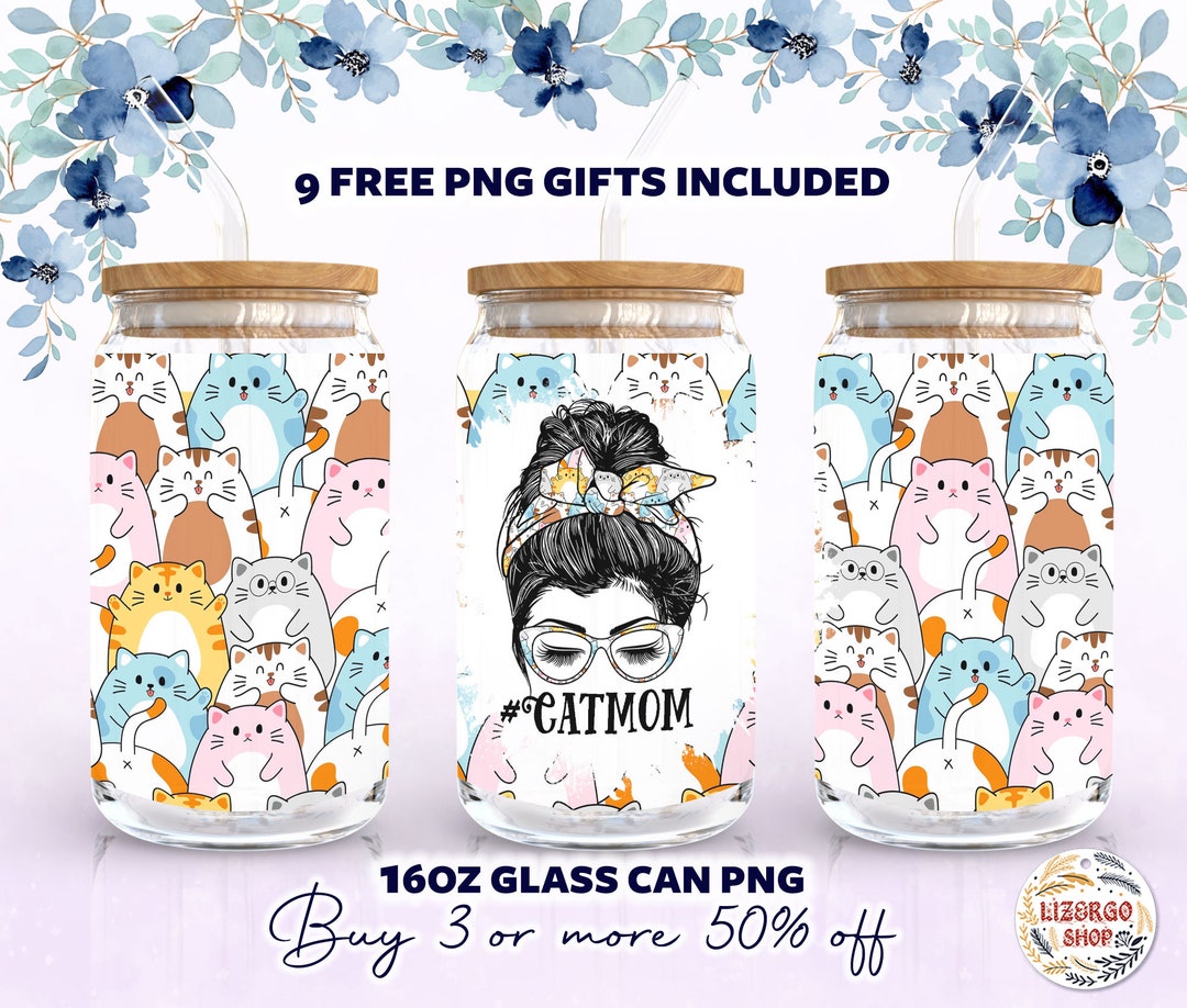 Cat Mom 16 Oz Glass Can Wrap PNG Seamless, Cat Mom Libbey Glass Can ...