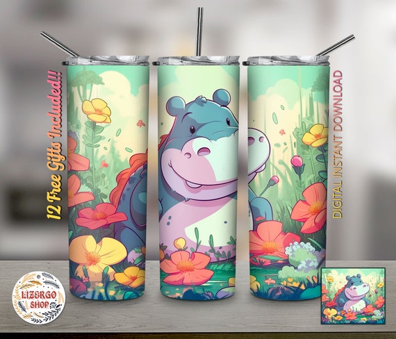 Cute Hippo Floral 20 Oz Skinny Tumbler Wrap Sublimation Straight/tapered  Tumbler Wrap PNG, Animal Tumbler Wrap Png 