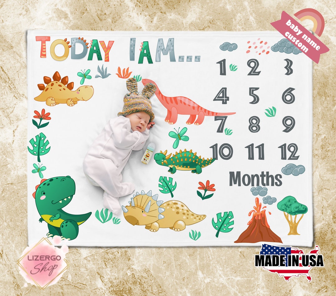 Dinosaur Baby Monthly Milestone Blanket, Baby Boy Milestone Blanket