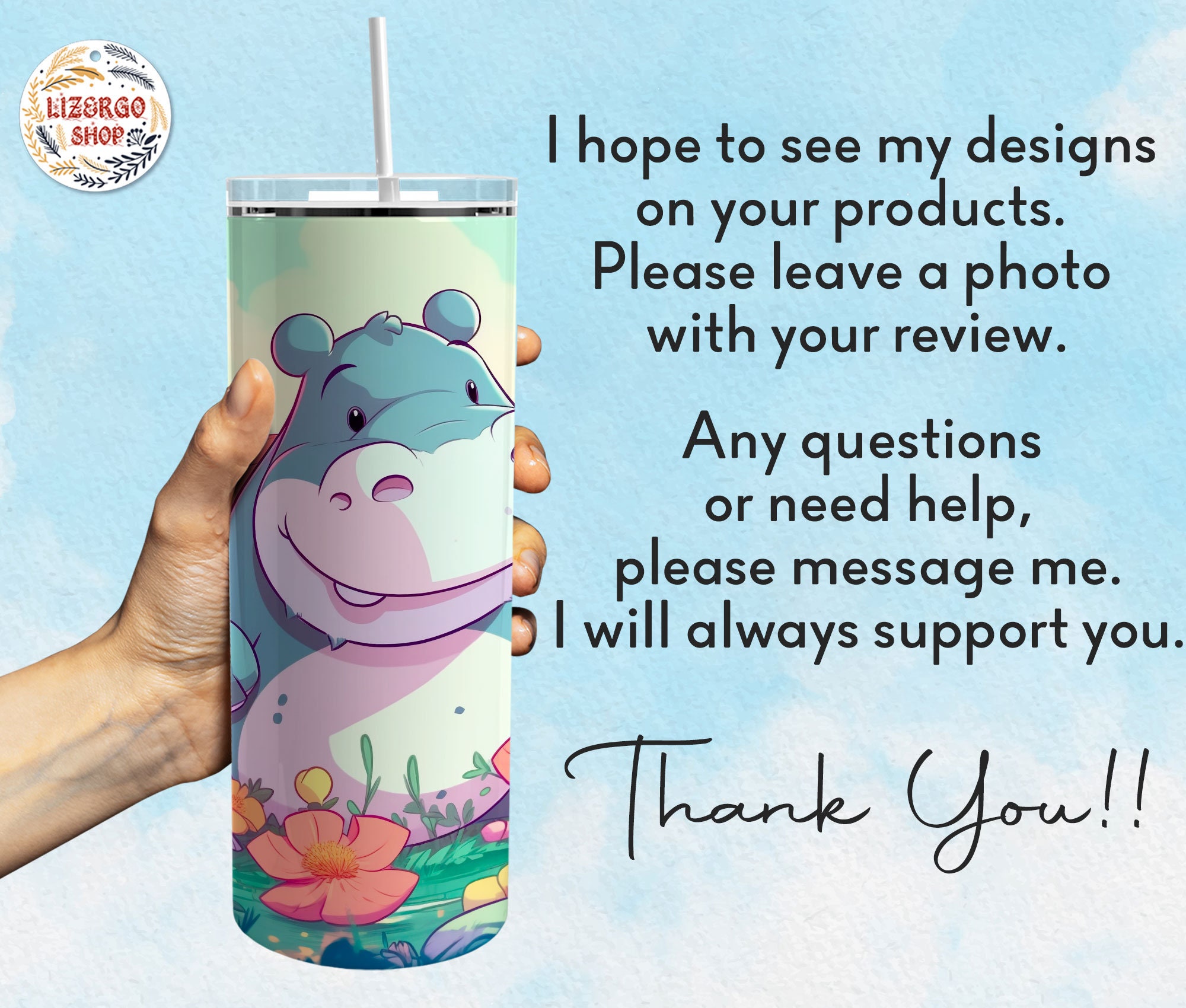 Cute Hippo Floral 20 Oz Skinny Tumbler Wrap Sublimation Straight/tapered  Tumbler Wrap PNG, Animal Tumbler Wrap Png 