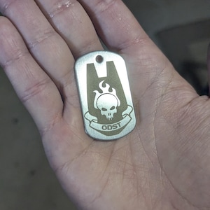 Op de afbeelding: Een zilveren metalen hondenpenning met een schedel- en vlammenontwerp. De penning heeft de tekst "ODST" gegraveerd.