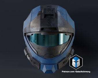 May include: A blue and black helmet with a visor and a weathered finish. The helmet has a design that resembles a futuristic soldier's helmet.