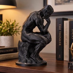 Peut inclure: Une sculpture noir mat représentant une silhouette assise dans une pose contemplative, le menton appuyé sur une main. La figure présente une musculature définie et est assise sur une base texturée rappelant la roche, en finition monochrome.