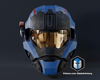 May include: A blue and black futuristic helmet with a gold visor and red and white accents. The helmet has a worn and weathered appearance.