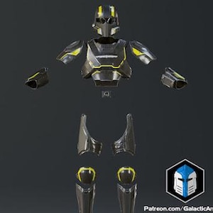 Pode incluir: Um conjunto de armadura futurista preta e amarela desmontada. O conjunto inclui um capacete, peitoral, ombreiras, protetores de braços, protetores de pernas e um logotipo no canto inferior direito. A armadura tem detalhes amarelos.