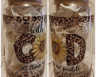 With God All Things are Possible | Sunflower | Leopard Print| 16oz Glass Cup