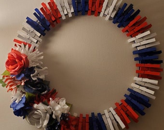 Red, White, and Blue patriotic clothes pin wreath
