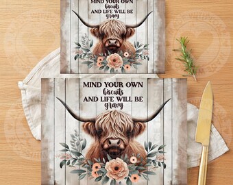 Mind Your Biscuits And Life Will Be Gravy Highland Cow Tempered Glass Cutting Board