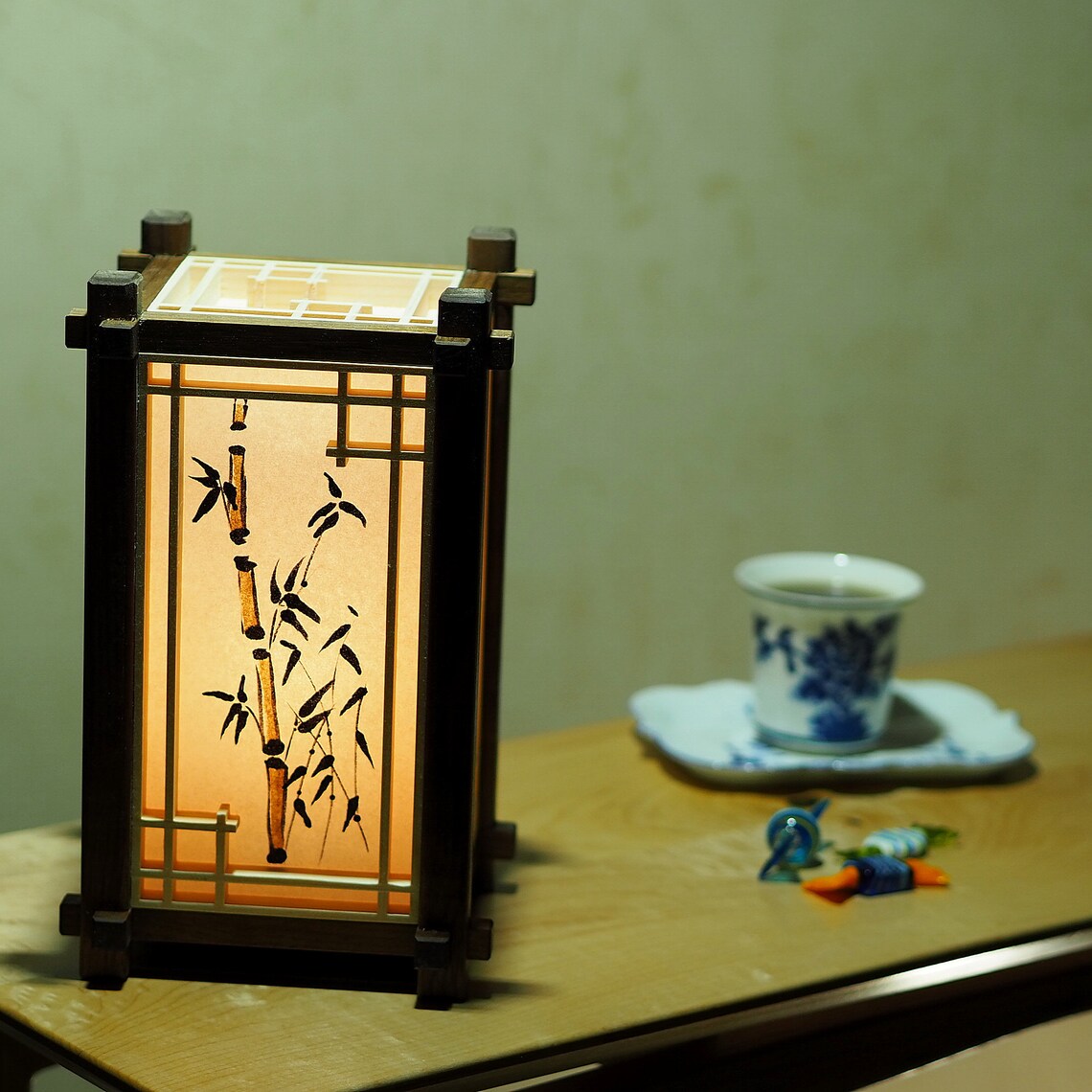 Japanese Wooden Lamp. Lamp Shade With Painting. Kumiko. Shoji. Etsy