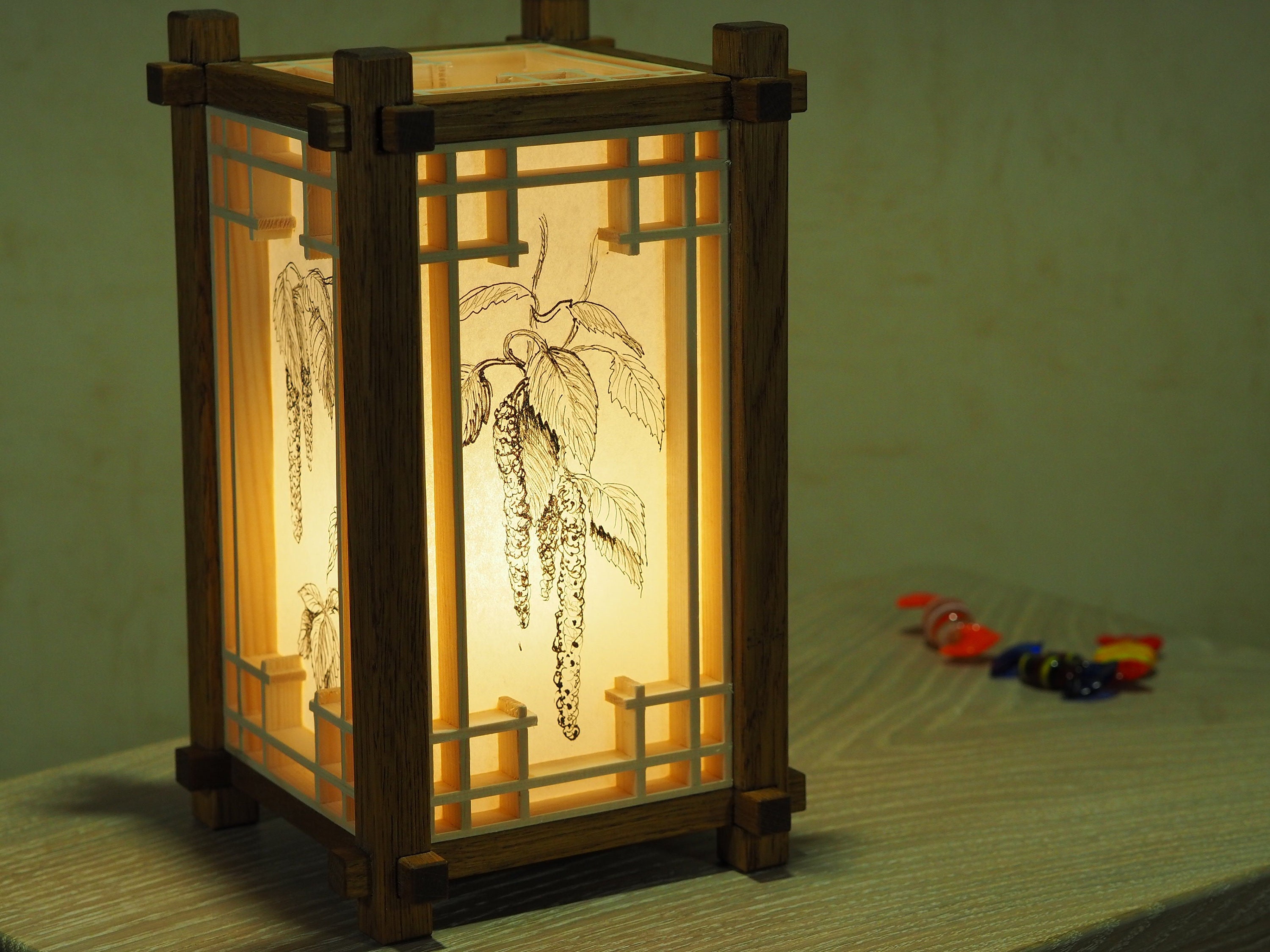 Japanese wooden lamp. lamp shade with painting. kumiko. shoji. Etsy