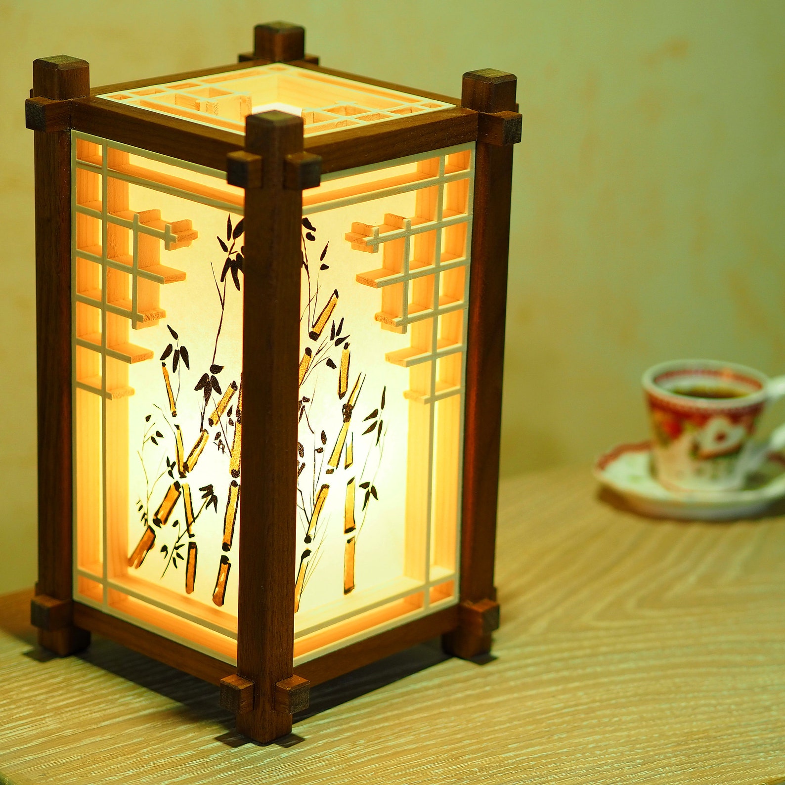 Japanese Wooden Lamp. Lamp Shade With Painting. Kumiko. Shoji. Etsy