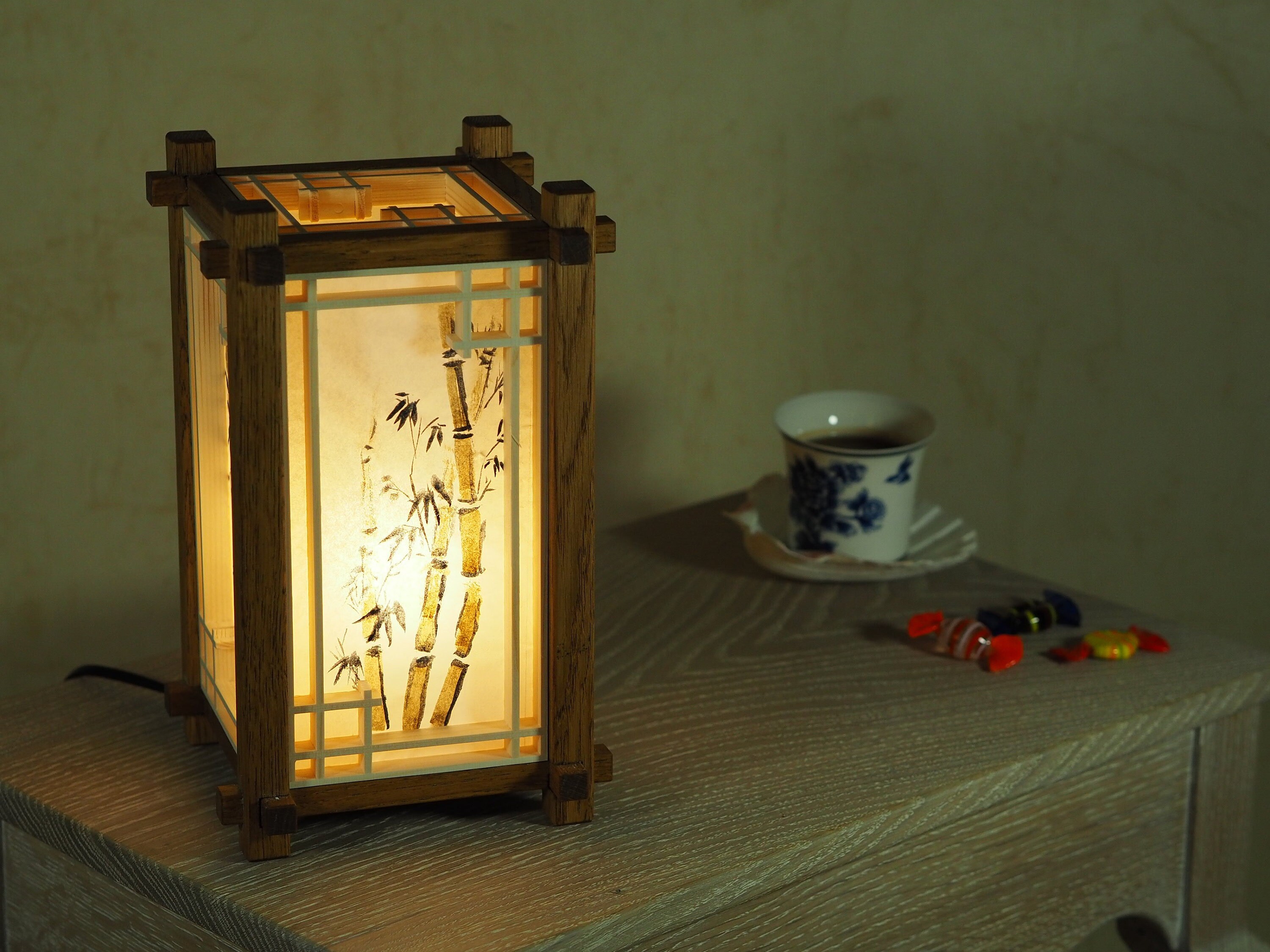 Japanese wooden lamp. lamp shade with painting. kumiko. shoji. Etsy
