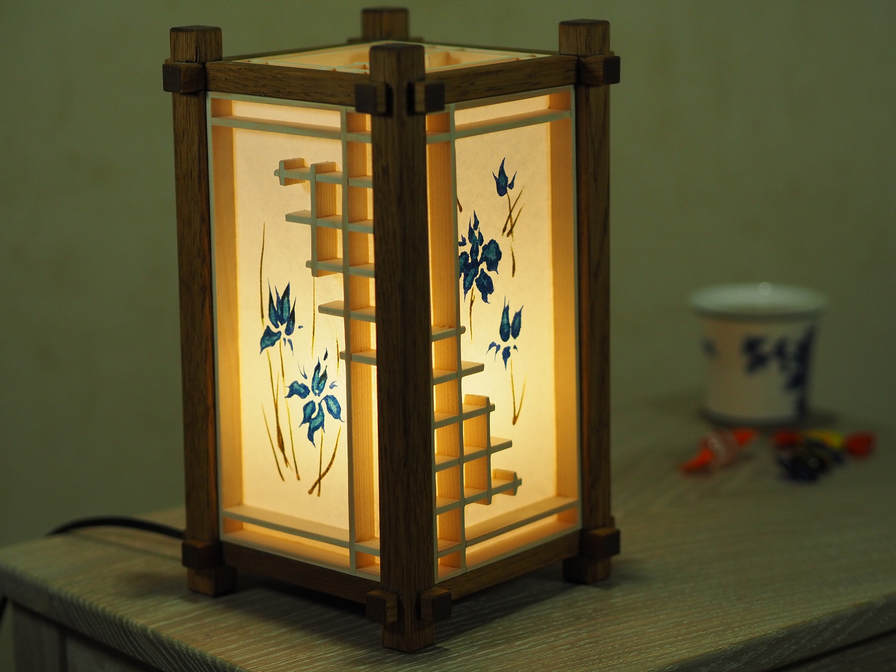 Japanese wooden lamp. lamp shade with painting. kumiko. shoji. Etsy