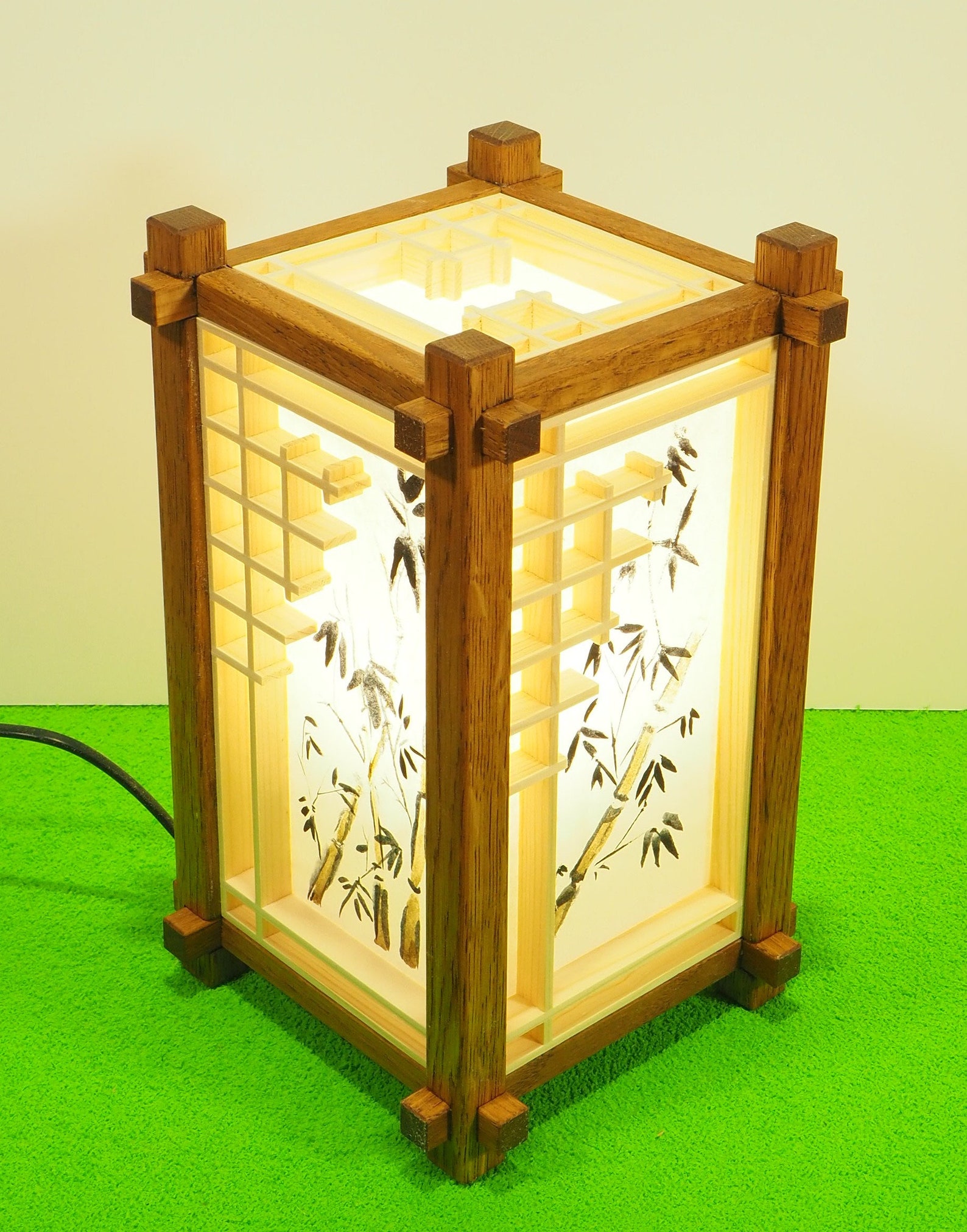 Japanese wooden lamp. lamp shade with painting. kumiko. shoji. Etsy