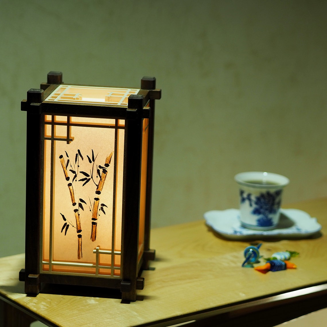 Japanese Wooden Lamp. Lamp Shade With Painting. Kumiko. Shoji. Etsy