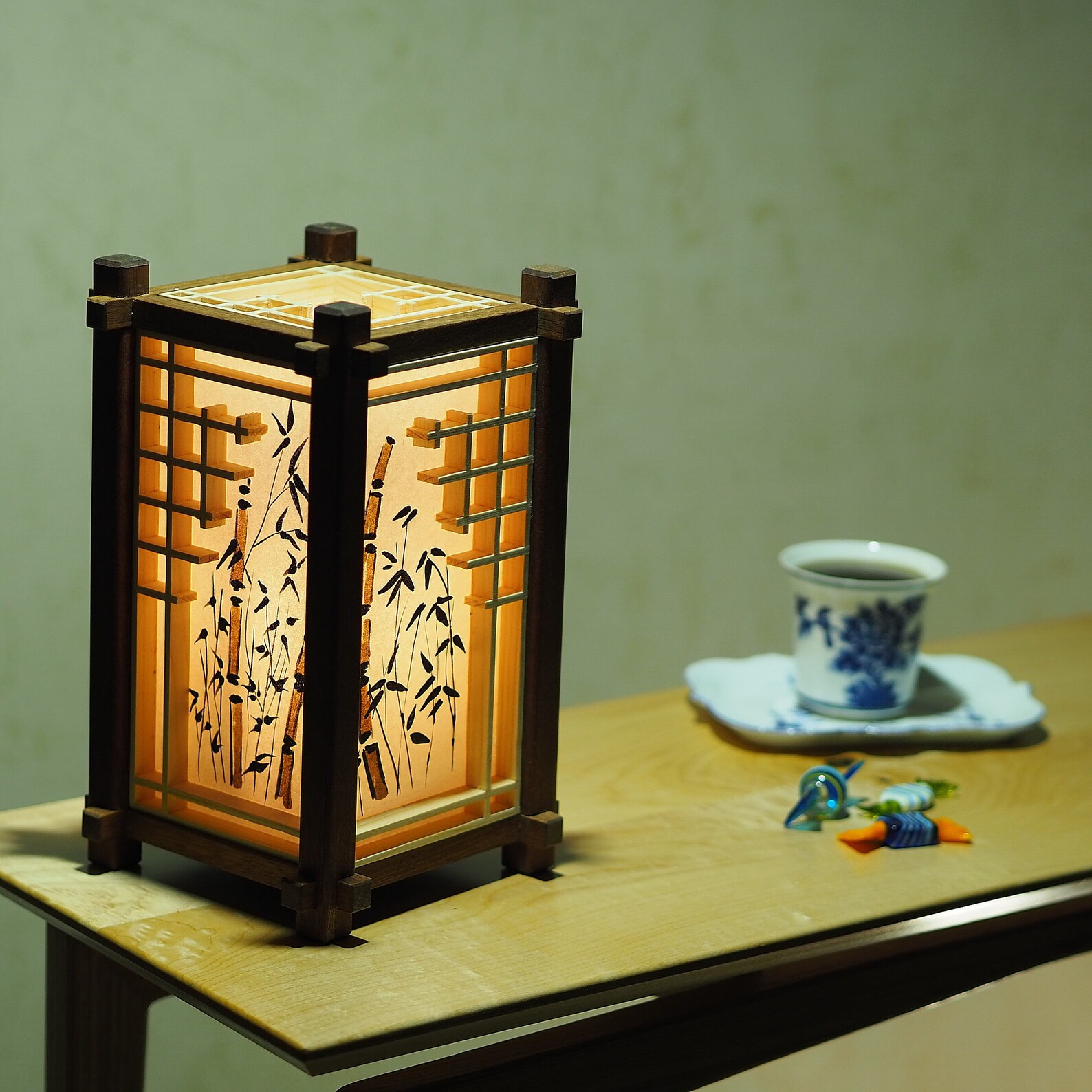 Japanese Wooden Lamp. Lamp Shade With Painting. Kumiko. Shoji. Etsy