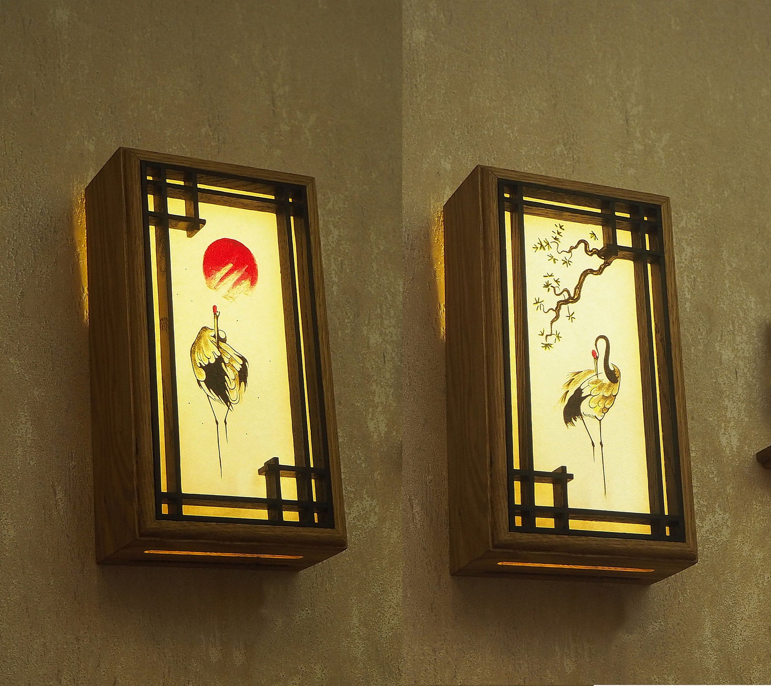 Wooden Sconce. 2 Wall Wood Japanese Lamp. Handmade Painting Etsy