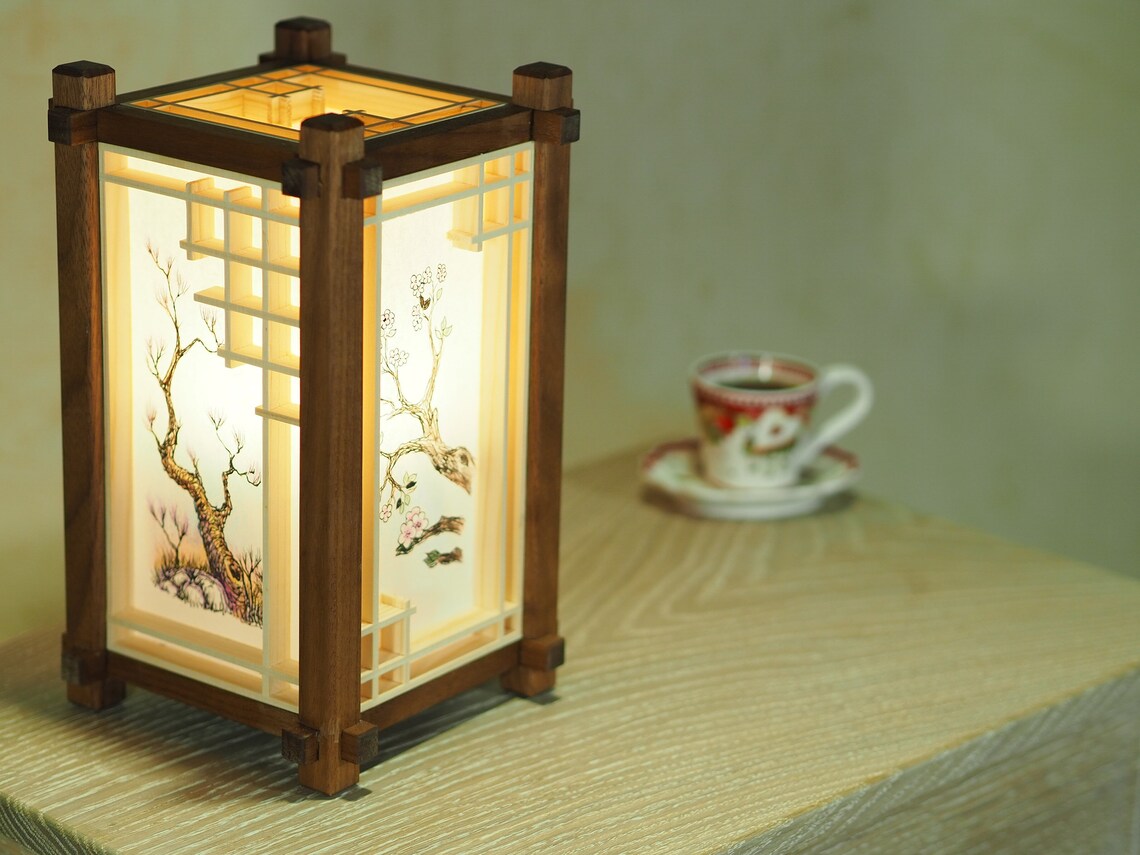 Japanese wooden lamp. lamp shade with painting. kumiko. shoji. Etsy