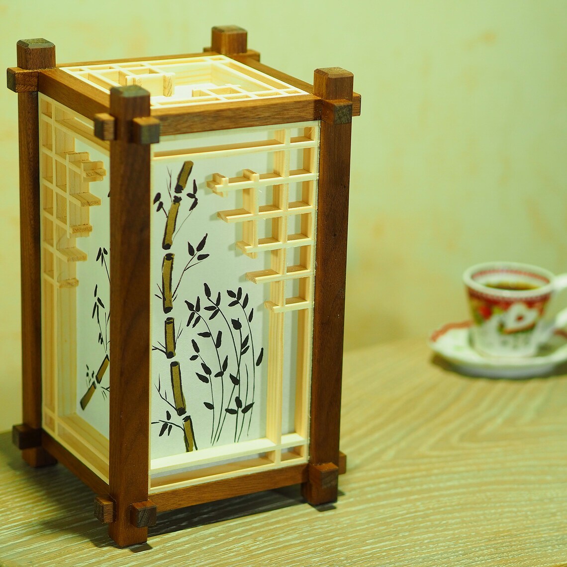 Japanese Wooden Lamp. Lamp Shade With Painting. Kumiko. Shoji. Etsy